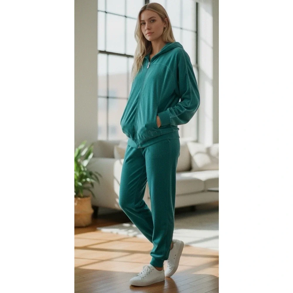 Juicy Couture Y2K Terry Velour Track Jacket Pants Teal Rhinestone J Jogger Set L - Picture 1 of 16